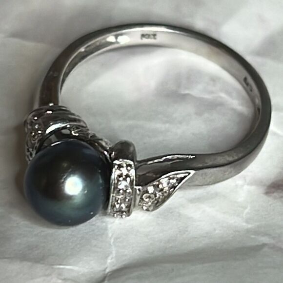 10k White Gold 9mm Grey Tahitian Pearl and Diamond Ring - Picture 7 of 15